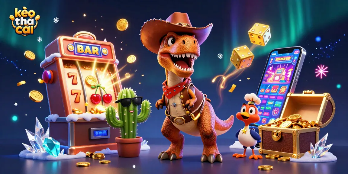 Experience the thrill of kèo nhà cái with active gaming scene featuring cartoon characters and vibrant casino symbols.