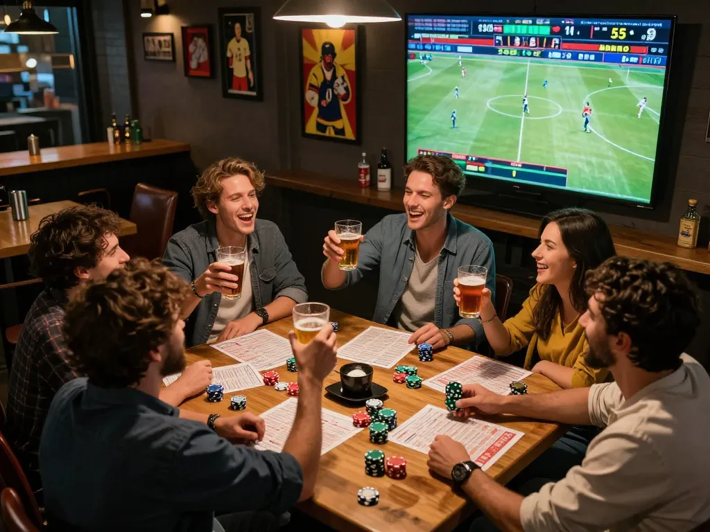 Engaged sports bettors reviewing keonhacai bets at a lively bar with excitement.