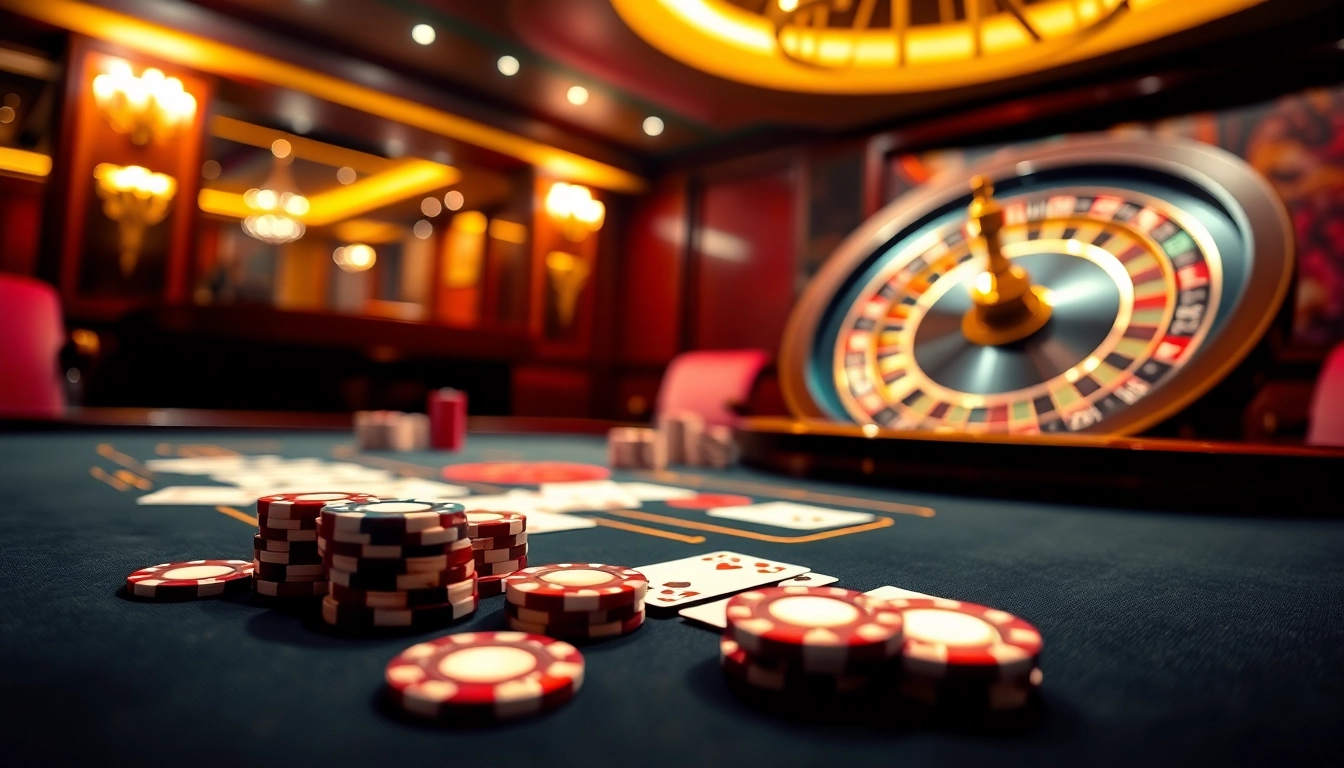Engaging casino scene showcasing hello88's online gaming excitement with poker chips and a roulette wheel.
