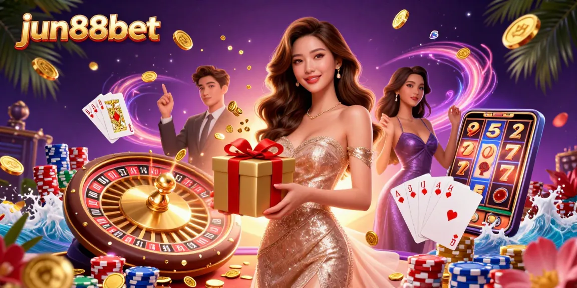 Join the excitement at jun88bet with a festive Lunar New Year casino scene featuring a welcoming woman holding a gift box of golden coins.