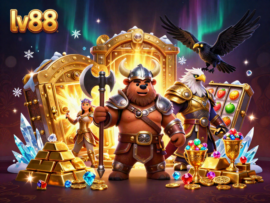 Experience excitement at lv88 with the Viking berserker and Valkyrie in a rich casino treasure scene.