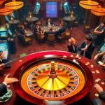 Experience the thrill of jbo.com with players enjoying roulette and slot games in a vibrant casino.