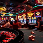 Five88 com casino scene showcasing players at a roulette table and slots for a high-stakes atmosphere.
