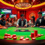 Players enjoying a thrilling WE88 casino experience at a vibrant gaming table with poker chips.