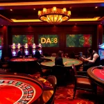 Engaged players in a luxury DA88 casino scene with roulette and poker tables.