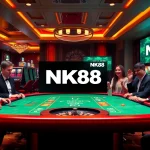 Players enjoying poker at NK88 casino with vibrant lights and excitement.