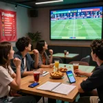 Engaging scene of friends enjoying kèo nhà cái 5 in a lively sports betting lounge.