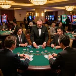 Competitors at hit club blackjack tournament analyzing strategy at polished tables