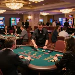 Players strategizing at tables on the vibrant casino floor of 98win com, showcasing blackjack and roulette action.