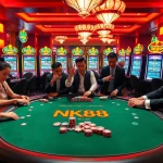 Players enjoying poker at an NK88-branded casino table with vibrant atmosphere.