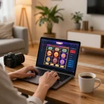 VSBET online gambling scene with a user engaging on a laptop in a cozy home setup.