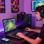 Engaging gamer downloading tải hit club app on a modern laptop in a vibrant gaming setup.