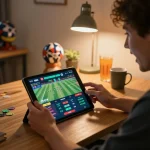 Player placing bets on FLY88 sports betting app, showcasing live odds and engaging experience in a cozy setting