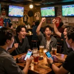 Fans energetically placing bets on keonhacai while watching live sports in a vibrant bar setting.