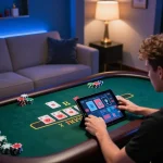 Engaged player enjoying a live dealer blackjack game at TG88 casino on a tablet, in a stylish room setting.