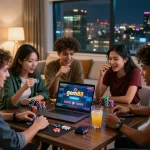 Exciting moment of friends strategizing gem88 online gaming with casino chips in a warm home setting