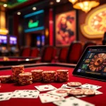 Experience high-stakes gambling at the luxurious 888NEW casino with vibrant slot machines and a sleek poker table.