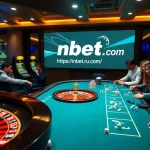 Betting excitement at https://nbet.ru.com/ with roulette wheel and poker table in a luxurious casino scene.
