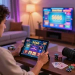 Enthusiastic player engaging with S666 online casino gaming setup in a cozy living room.