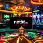 Engaging with online gambling at https://net88na.com featuring casino tables, cards, and vibrant slot machines.