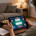 Player engaging in an online LV88 poker game on a tablet, surrounded by strategic notes and snacks, capturing the thrill of home gaming.
