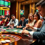 Engaging gamblers at an LV88 online casino table with vibrant chips and cards.