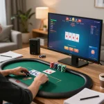 Play poker online with 789WIN on a sleek setup, showcasing gameplay and strategy notes.