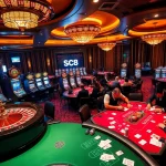 SC88 casino scene showcasing vibrant roulette wheels and poker tables filled with players.