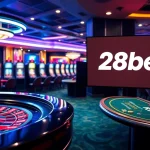 28bet casino scene showcasing vibrant roulette wheels and colorful poker tables.