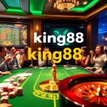 Engaging players enjoying online gambling with king88 offerings at a vibrant casino table, highlighting poker chips and roulette wheel.