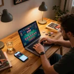 Player engaging in live dealer blackjack on VMAX casino app from home with cozy ambiance.