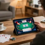 Player enjoying SHBET poker game on tablet surrounded by strategy notes and coffee