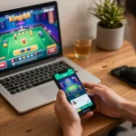 Player immersed in king88 vina mobile casino app, enjoying online gaming experience at home.