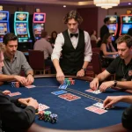 Active poker game at 789F casino with players strategizing their bets amid an engaging atmosphere.