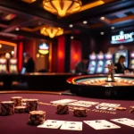 KKWIN gaming table with vibrant cards and poker chips in an elegant casino setting.