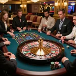 Engaged players placing bets during a thrilling KM777 roulette game, showcasing colorful chips and a spinning wheel.