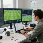 Football analysts reviewing real-time kết quả bóng đá with dynamic stats in a vibrant office.