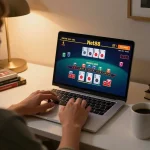 Player enjoying online Net88 casino blackjack at home with warm ambiance and strategic notes