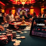 NHÀ CÁI MM88 lively casino scene with roulette, poker chips, and an online gaming interface