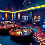 Experience the excitement of AU88 with vibrant casino elements like roulette wheels and slot machines.