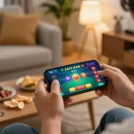 Engaging in a thrilling tài xỉu online game on a smartphone, set in a cozy home atmosphere
