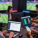 Enthusiastic bettors engaging with Nowgoal online interface showcasing live sports scores and betting options.