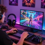 Engaged player exploring a captivating sex game on laptop, vibrant visuals and cozy gaming setup.