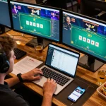 AE888 player engaged in live dealer games on dual monitors, showcasing modern online gambling strategies.