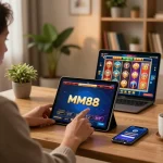 Engaging online gambling experience with MM88 logo on tablet during cozy gaming setup.