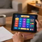 Enjoying a thrilling game of tài xỉu online using a tablet in a cozy home environment with strategic notes.