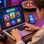 Engaged user enjoying BK8 online gambling platform with vibrant game icons and promotions displayed.