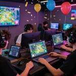 Gamers enjoying the B52 online gaming experience with vibrant displays and promotional elements in a lively lobby.