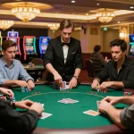 Engaged players enjoying poker at a high-end casino while using 58wiin for strategy and gameplay.