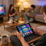 Player enjoying an exciting online gaming session with LC88 on tablet in cozy home setting